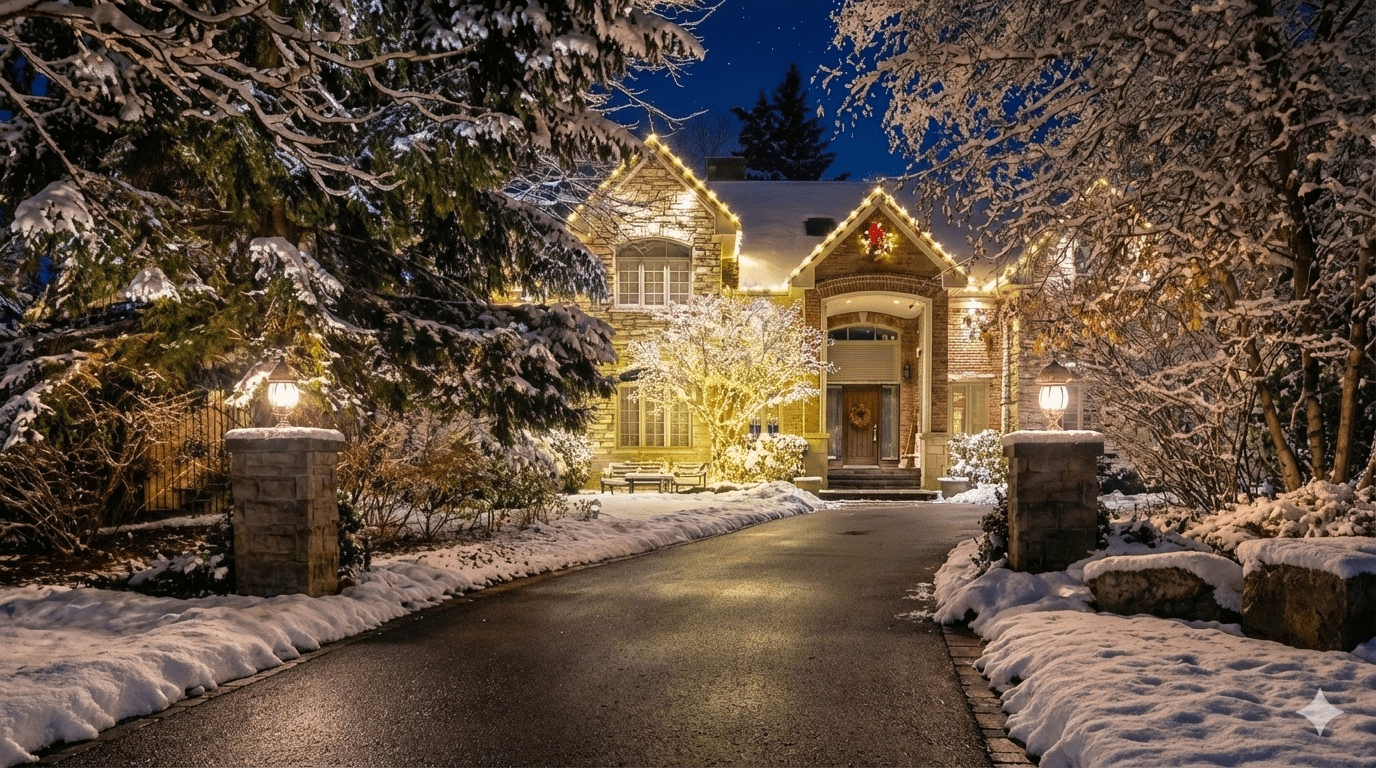 snowy Etobicoke property with elegant lighting
