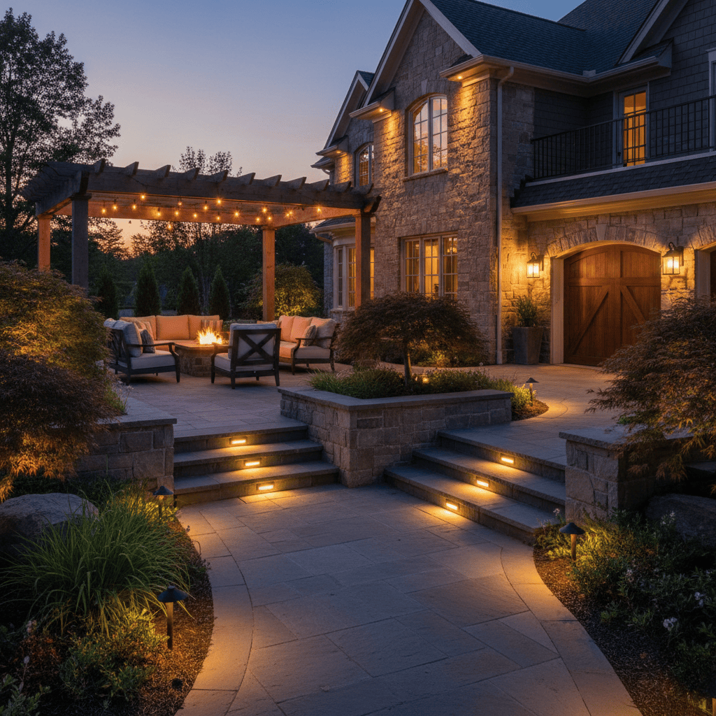 Luxury property with full landscape lighting at night